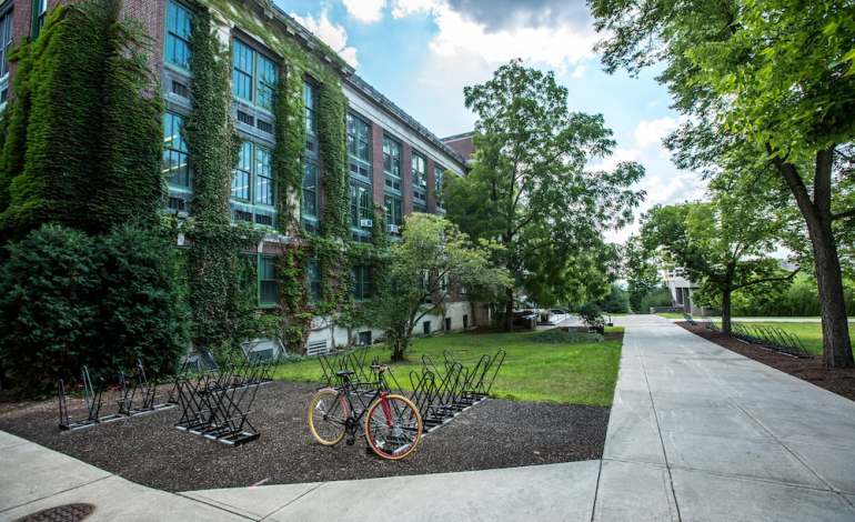 Ivy-covered building on a college campus with bicycle parking.