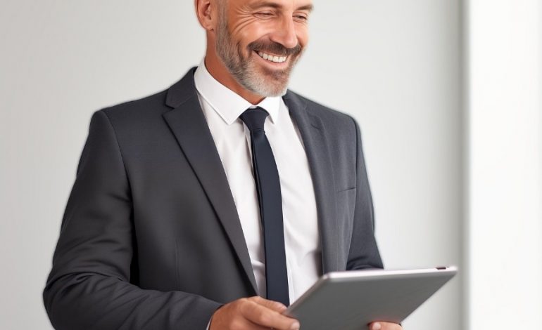 Smiling businessman in a suit holding a tablet.