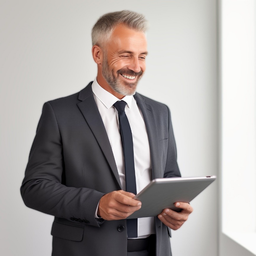 Smiling businessman in a suit holding a tablet.