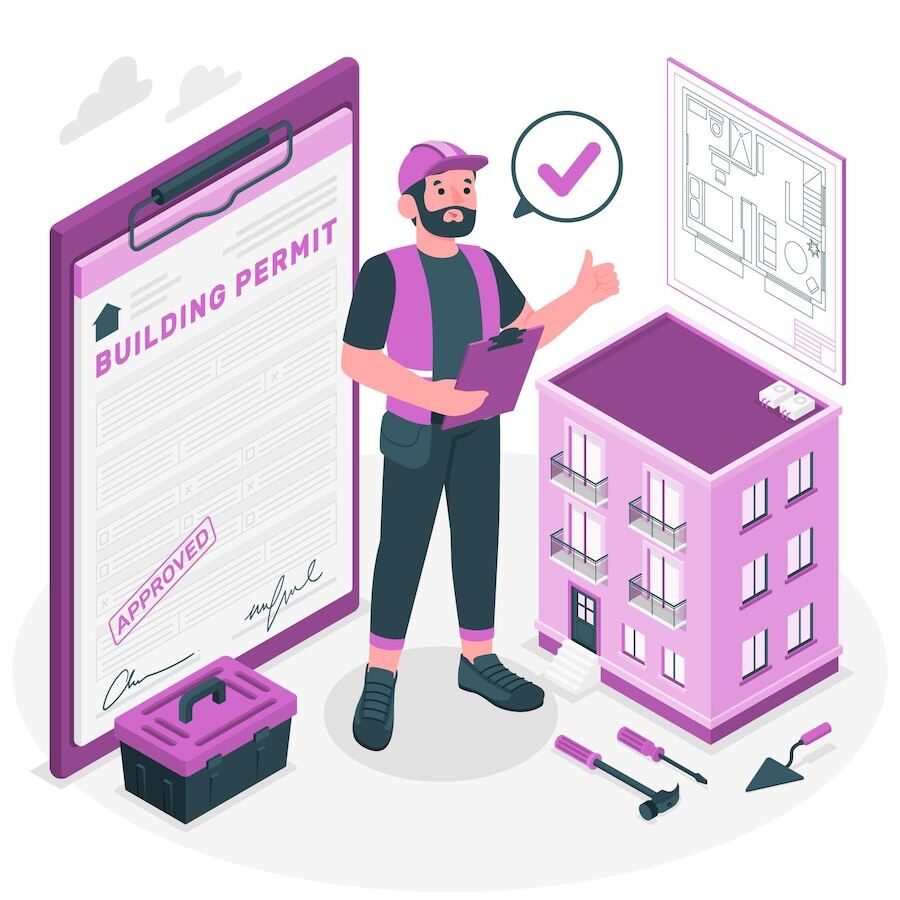 An illustration showing a man standing near a building with a construction plan on top and tools on the side and a huge approved document named building permit