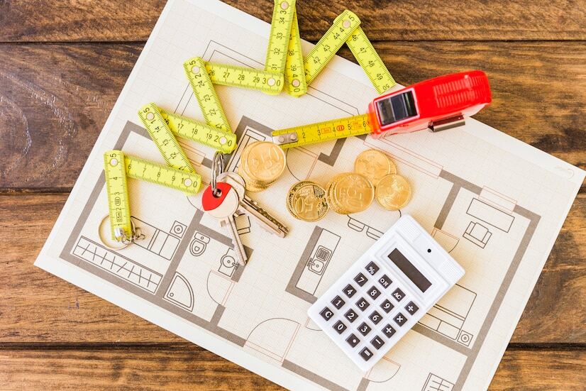 A measuring tape, stacked coins, a key, and a calculator on a house blueprint