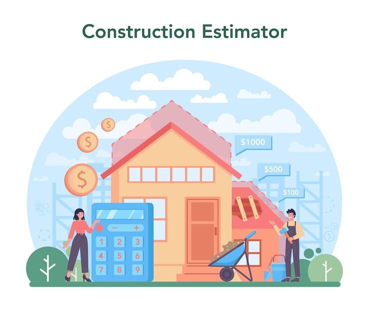 An illustration of two people standing by a house construction and a calculator