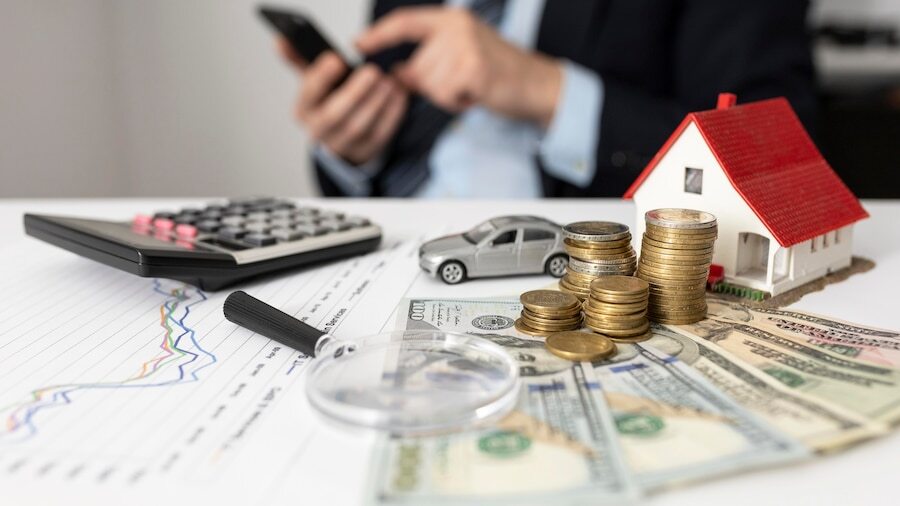 front-view-arrangement-economy-elements_23-2148793796