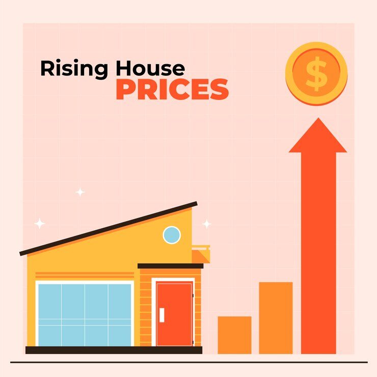 An illustration showing a house with a rising arrow pointing towards a coin beside and “Rising House Prices” written on top