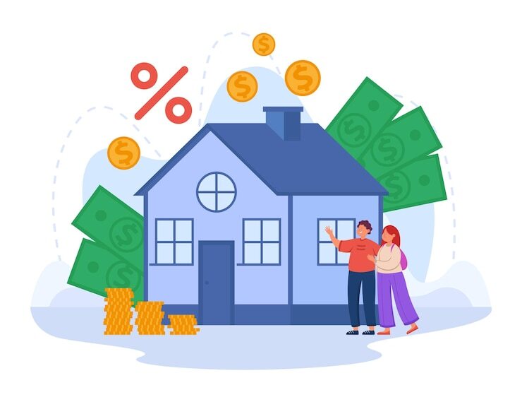 An illustration showing a couple standing near a house with cash and coins in the background