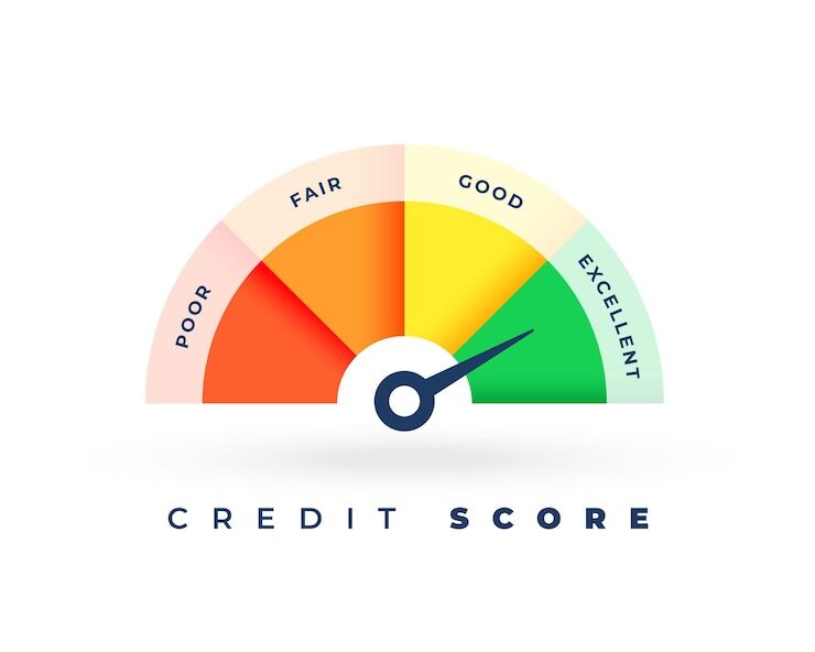 An illustration of a credit score scale with the pointer toward excellent
