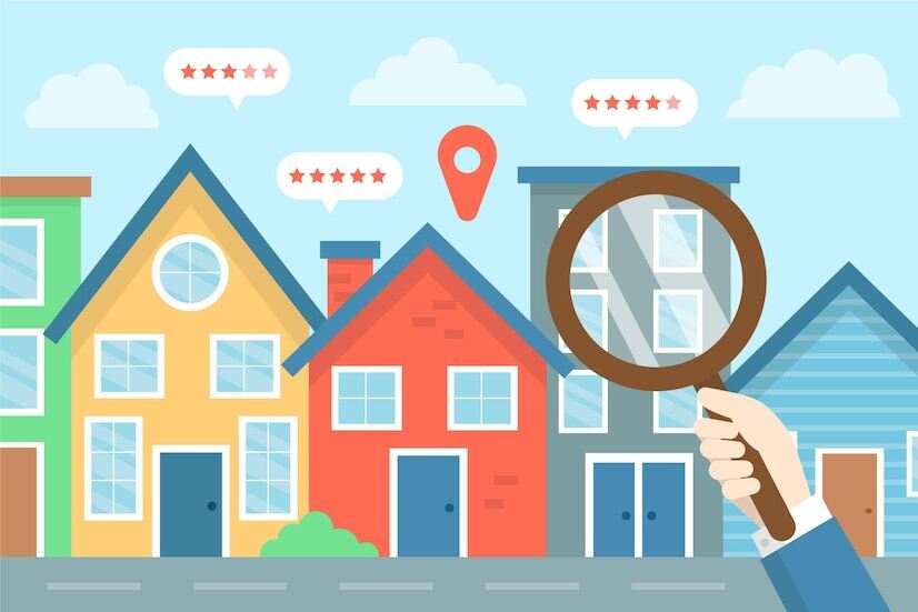 An illustration of a person holding a microscope and examining buildings with star ratings