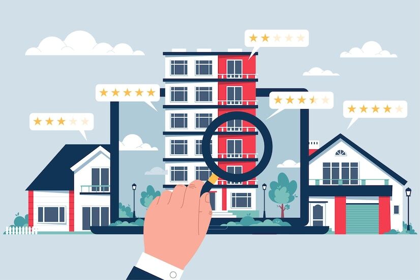An illustration of a hand with a microscope over property buildings with ratings