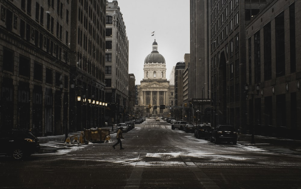 A city street with large buildings in the background, symbolizing Indiana real estate investment opportunities.