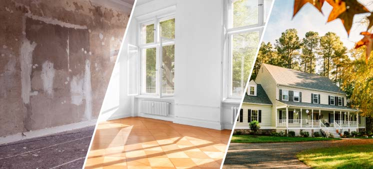 Contrast between a dilapidated room and a fully renovated bright space in a home.